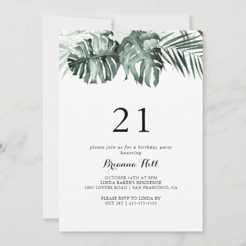 Tropical Greenery White Floral 21st Birthday Party Invitation