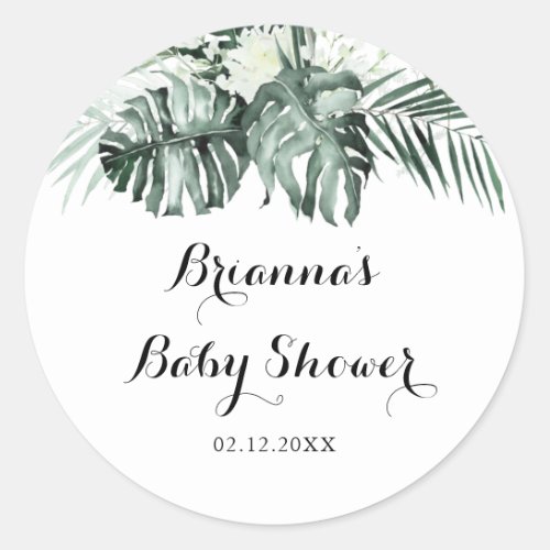 Tropical Greenery White Floral Baby Shower Favor Classic Round Sticker