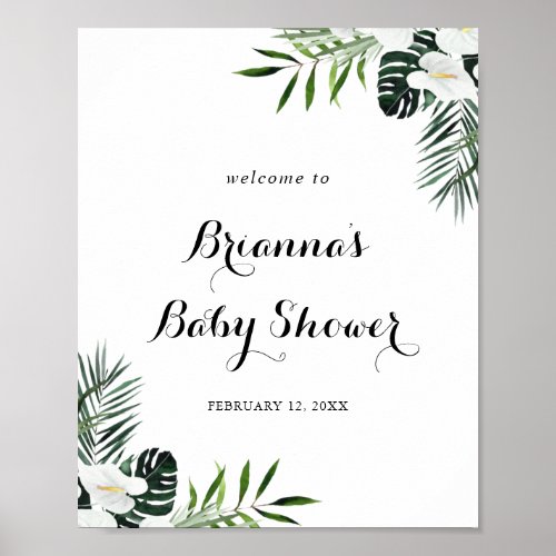 Tropical Greenery White Floral Baby Shower Welcome Poster