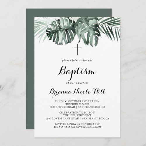 Tropical Greenery White Floral Baptism Invitation