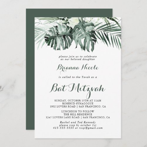 Tropical Greenery White Floral Bat Mitzvah  Invitation