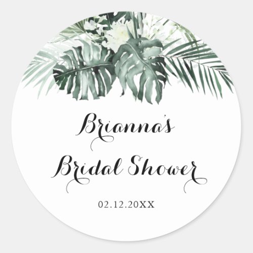 Tropical Greenery White Floral Bridal Shower Favor Classic Round Sticker