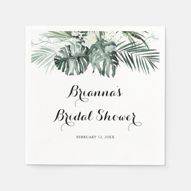 Tropical Greenery White Floral Bridal Shower Napkins (Front)