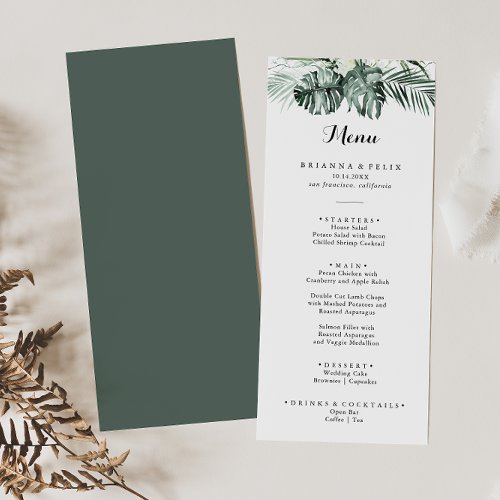 Tropical Greenery White Floral Calligraphy Dinner Menu