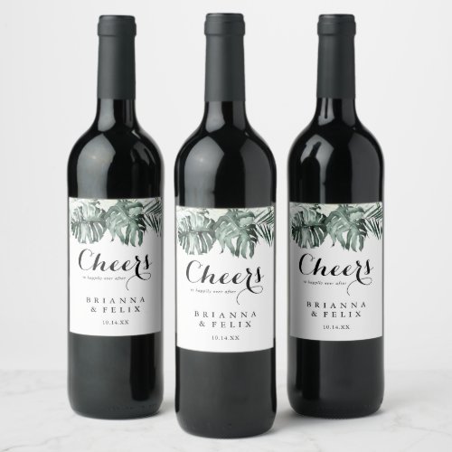 Tropical Greenery White Floral Cheers Wedding  Wine Label