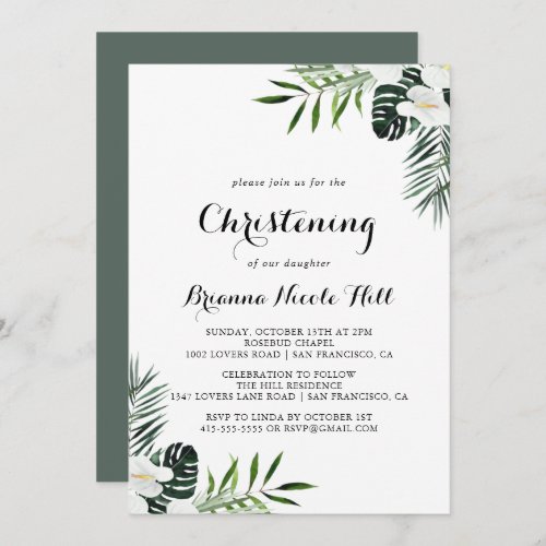 Tropical Greenery White Floral Christening Invitation