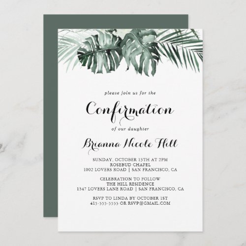 Tropical Greenery White Floral Confirmation Invitation