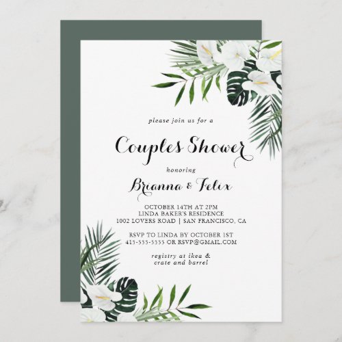 Tropical Greenery White Floral Couples Shower Invitation