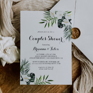 Tropical Greenery White Floral Couples Shower Invitation