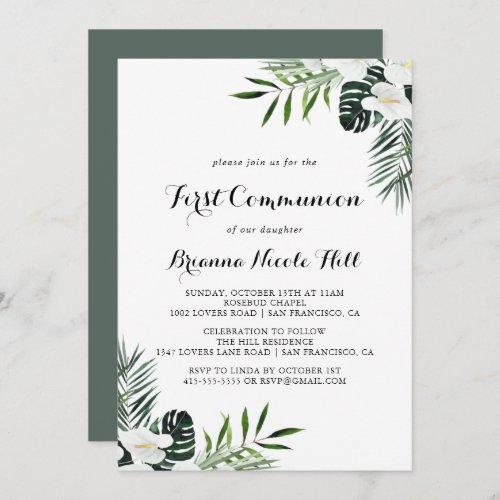 Tropical Greenery White Floral First Communion Invitation