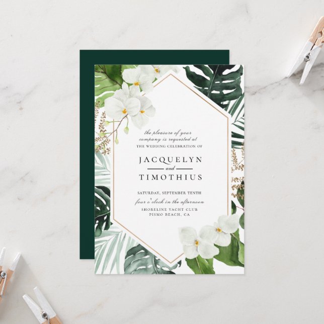 Tropical Greenery White Floral Frame Wedding Invitation (Front/Back In Situ)