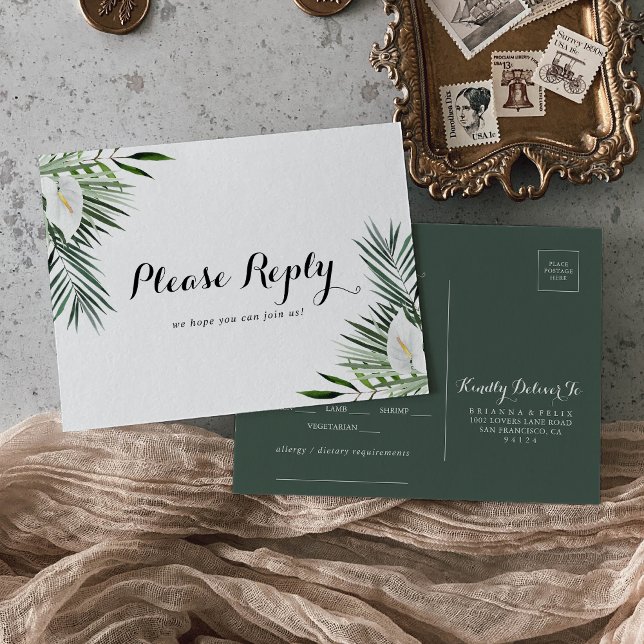 Tropical Greenery White Floral Menu Choice RSVP  (Creator Uploaded)