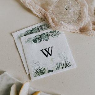 Tropical Greenery White Floral Monogram Wedding Napkins