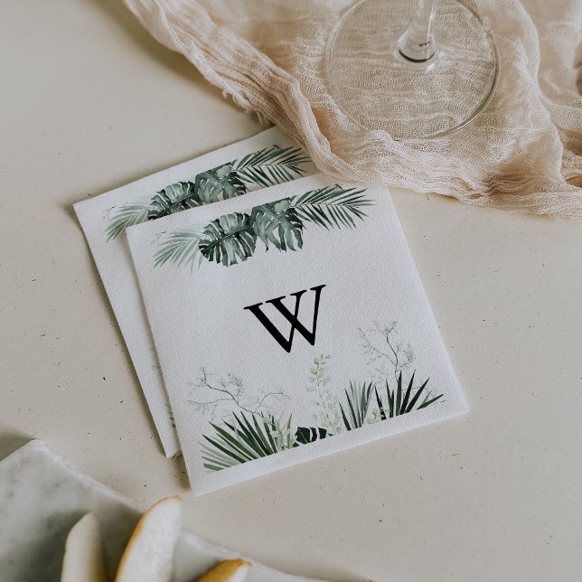 Tropical Greenery White Floral Monogram Wedding  Napkins (Creator Uploaded)