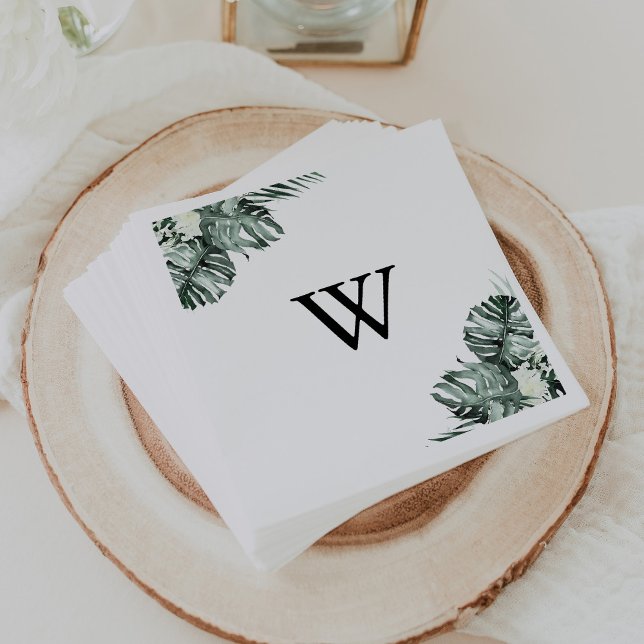 Tropical Greenery White Floral Monogram Wedding  Napkins (Creator Uploaded)