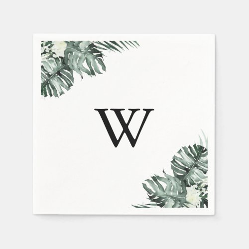 Tropical Greenery White Floral Monogram Wedding  Napkins