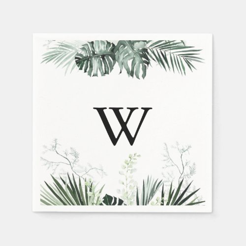 Tropical Greenery White Floral Monogram Wedding  Napkins