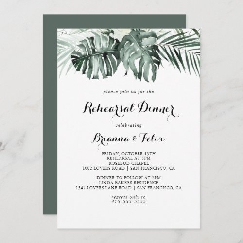 Tropical Greenery White Floral Rehearsal Dinner Invitation