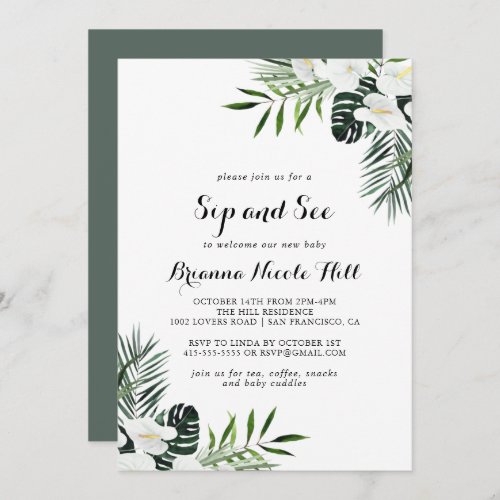 Tropical Greenery White Floral Sip and See Invitation