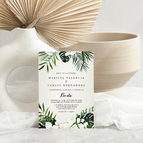 Tropical Greenery White Floral Spanish Wedding  Invitation