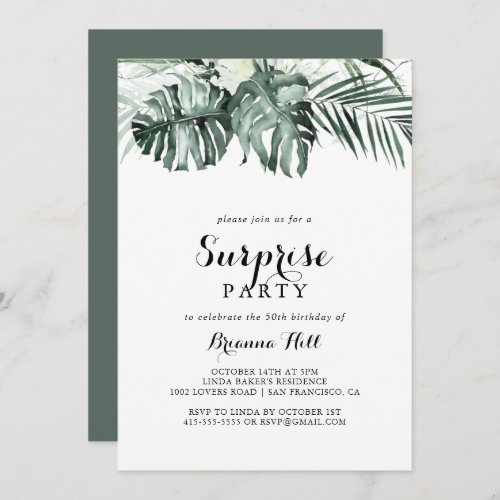 Tropical Greenery White Floral Surprise Party Invitation