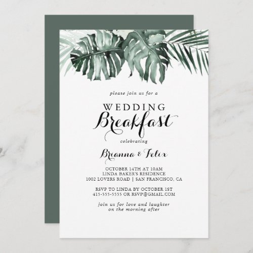 Tropical Greenery White Floral Wedding Breakfast Invitation