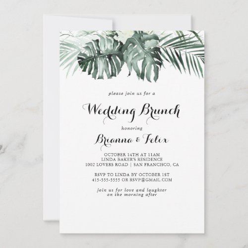 Tropical Greenery White Floral Wedding Brunch Invitation