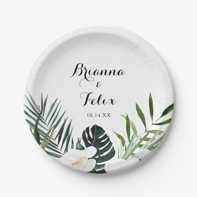 Tropical Greenery White Floral Wedding Cake Paper Plates (Front)