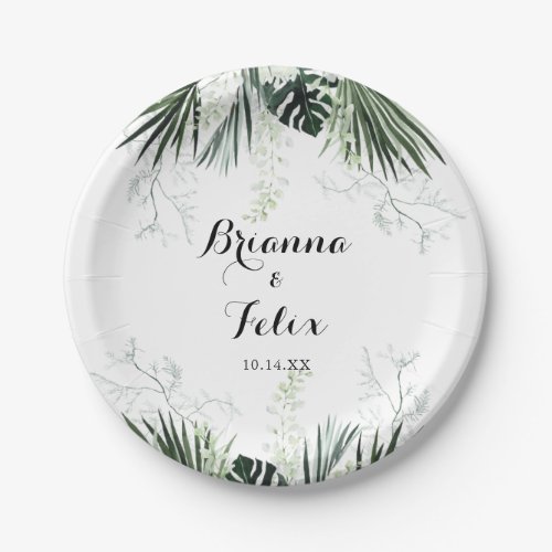 Tropical Greenery White Floral Wedding Cake  Paper Plates