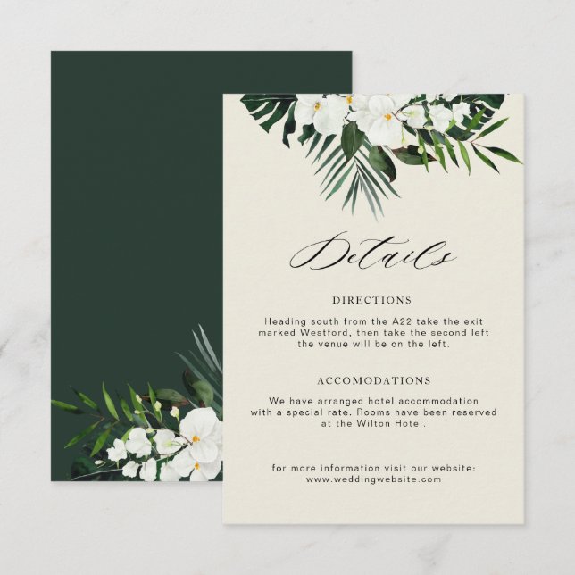 tropical greenery white floral wedding details enclosure card (Front/Back)