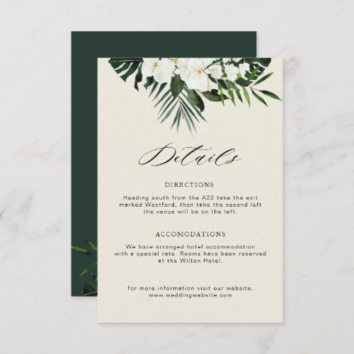 tropical greenery white floral wedding details enclosure card