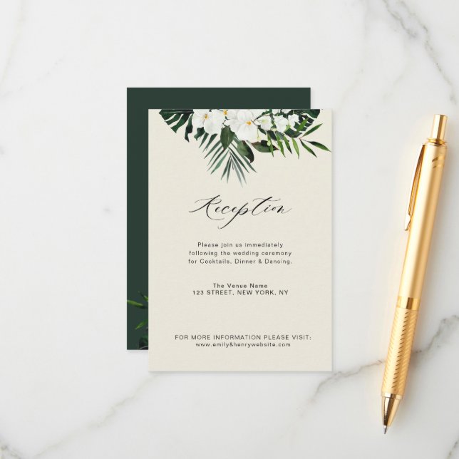 tropical greenery white floral wedding reception  enclosure card (Front/Back In Situ)