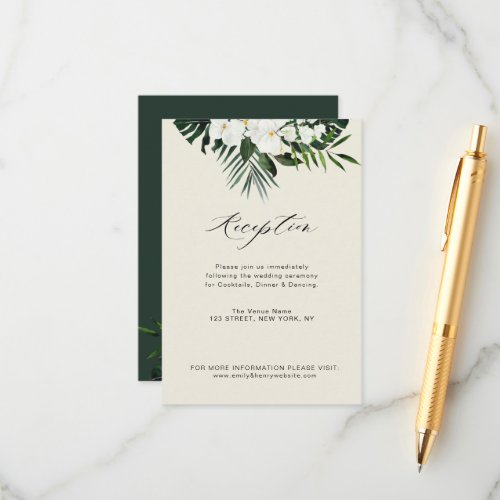 tropical greenery white floral wedding reception  enclosure card