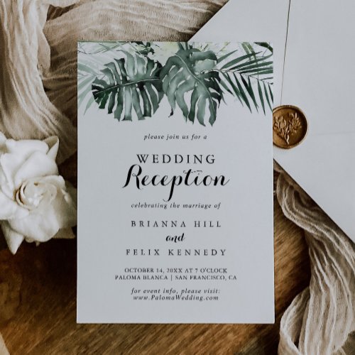 Tropical Greenery White Floral Wedding Reception Invitation
