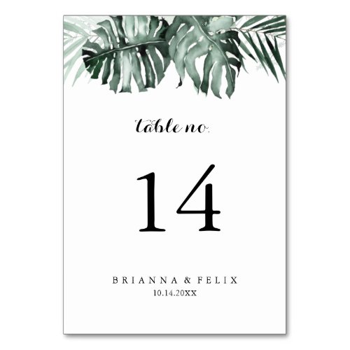 Tropical Greenery White Floral Wedding Table Number