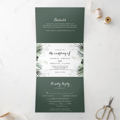 Tropical Greenery White Floral  Wedding  Tri_Fold Invitation
