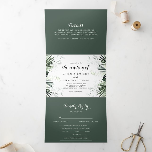 Tropical Greenery White Floral  Wedding  Tri-Fold Invitation (Inside)