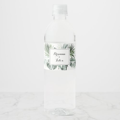 Tropical Greenery White Floral Wedding  Water Bottle Label