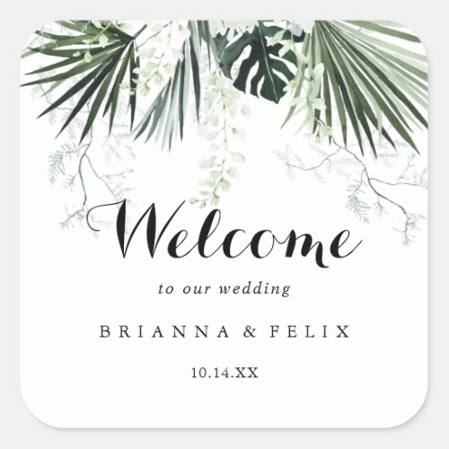 Tropical Greenery White Floral Wedding Welcome  Square Sticker