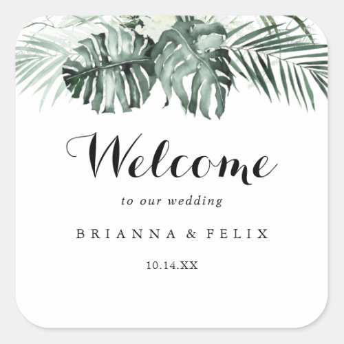 Tropical Greenery White Floral Wedding Welcome Square Sticker