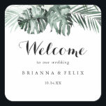Tropical Greenery White Floral Wedding Welcome Square Sticker<br><div class="desc">This tropical greenery white floral wedding welcome square sticker is perfect for a rustic wedding. The design features green palm leaves bouquets with white lovely flowers. 

These labels are perfect for hotel guest welcome bags and destination weddings.</div>