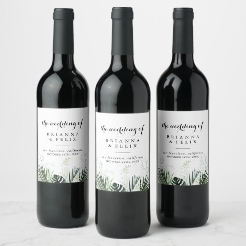 Tropical Greenery White Floral Wedding  Wine Label