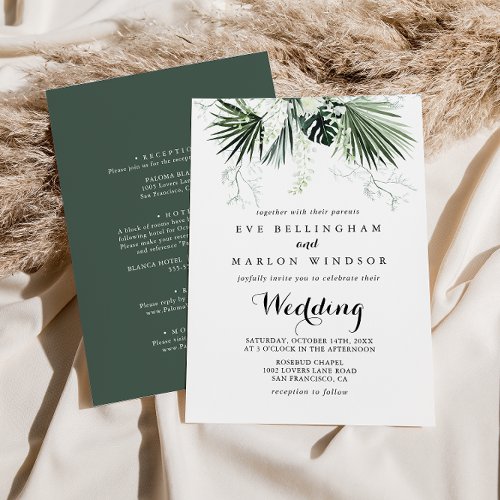 Tropical Greenery White Front  Back Wedding  Invitation