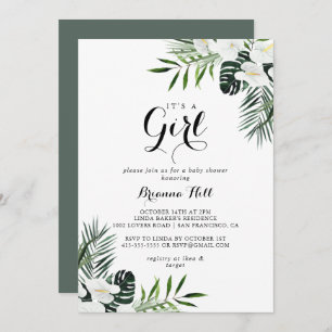 Tropical Greenery White It's A Girl Baby Shower Invitation