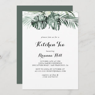 Tropical Greenery White Kitchen Tea Bridal Shower Invitation