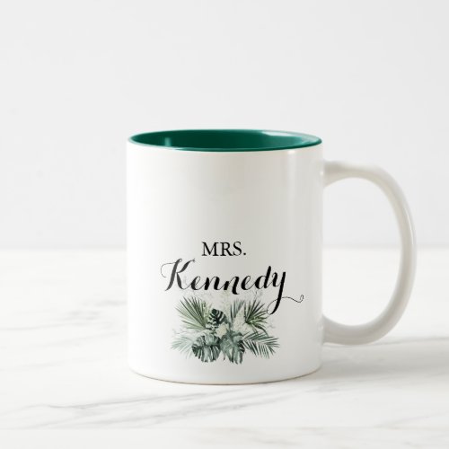 Tropical Greenery White Mrs Newlywed Bride Two_Tone Coffee Mug