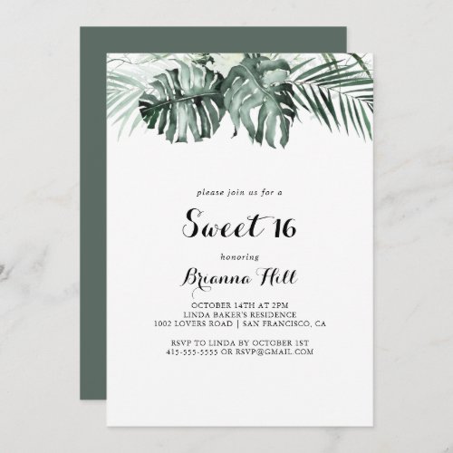 Tropical Greenery White Sweet 16 Birthday Party Invitation