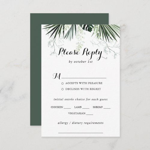 Tropical Greenery White Wedding Menu Choice RSVP