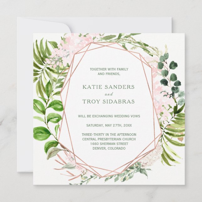 Tropical Greenery Wreath with Pink Flowers Invitation (Front)
