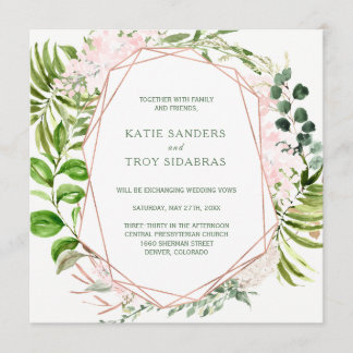 Tropical Greenery Wreath with Pink Flowers Invitation